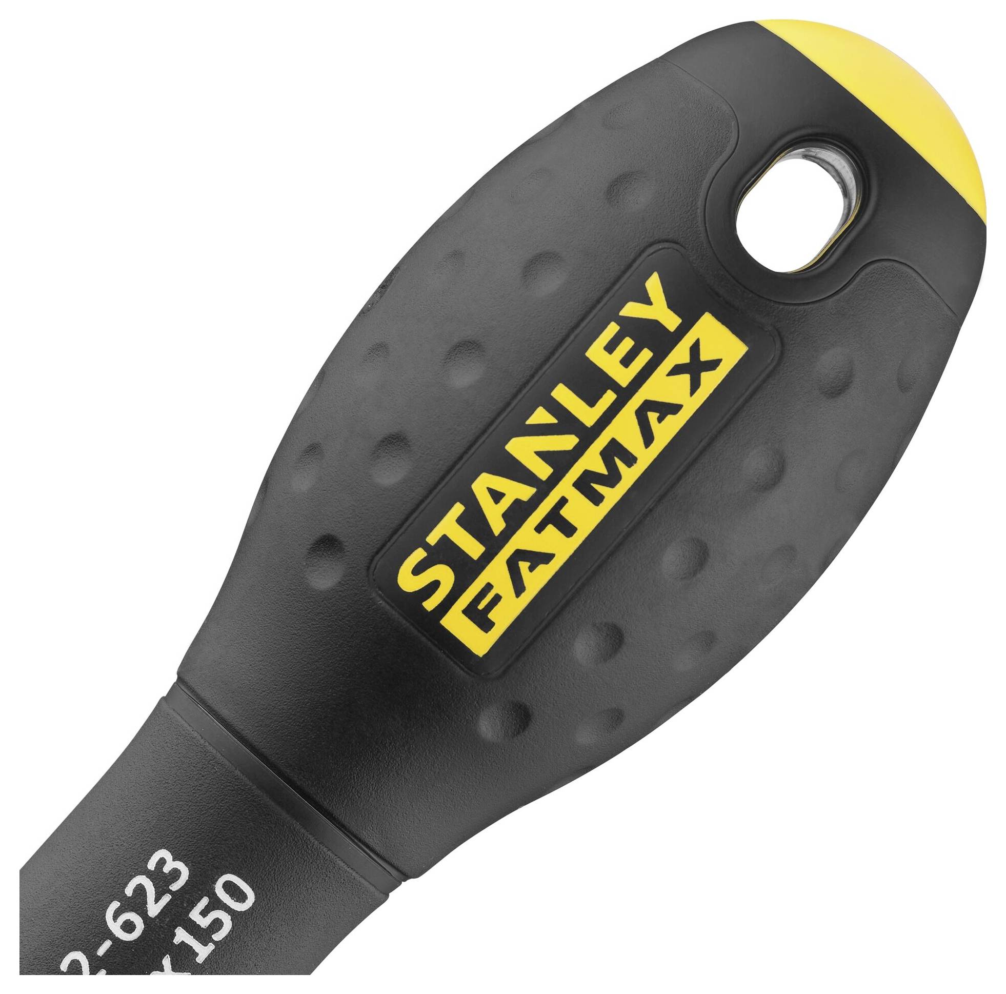 Černá, ergonomická rukojeť nástroje s žlutým nápisem 'STANLEY FATMAX'.