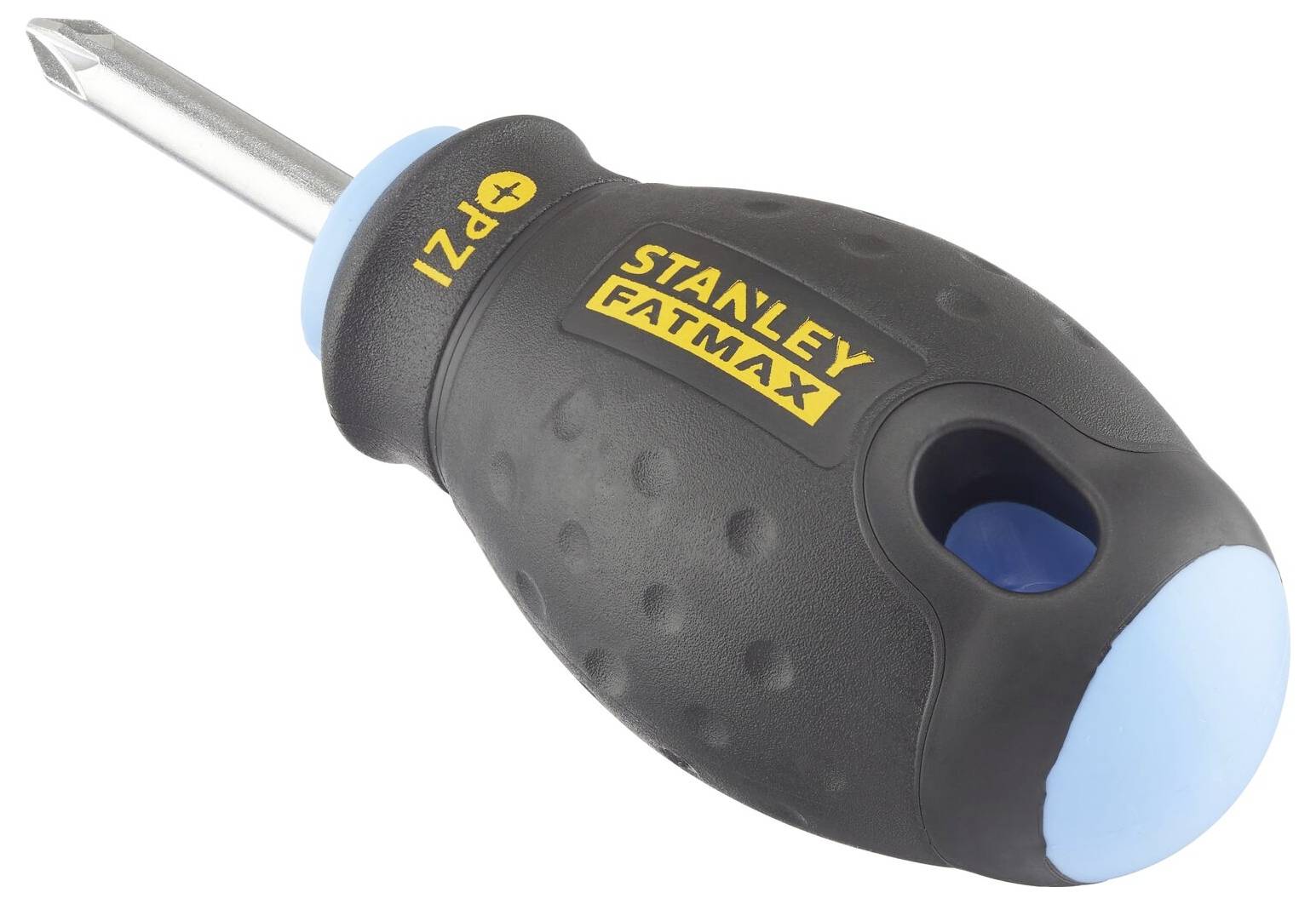 Křížový šroubovák se černou rukojetí a modrými detaily, značka 'Stanley Fatmax', špička s žlutým symbolem 'PZ1'.