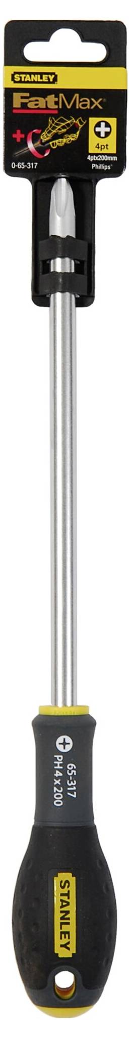 Dlouhý šroubovák s černou rukojetí a ocelovou čepelí, na rukojeti viditelný firemní název 'Stanley'.