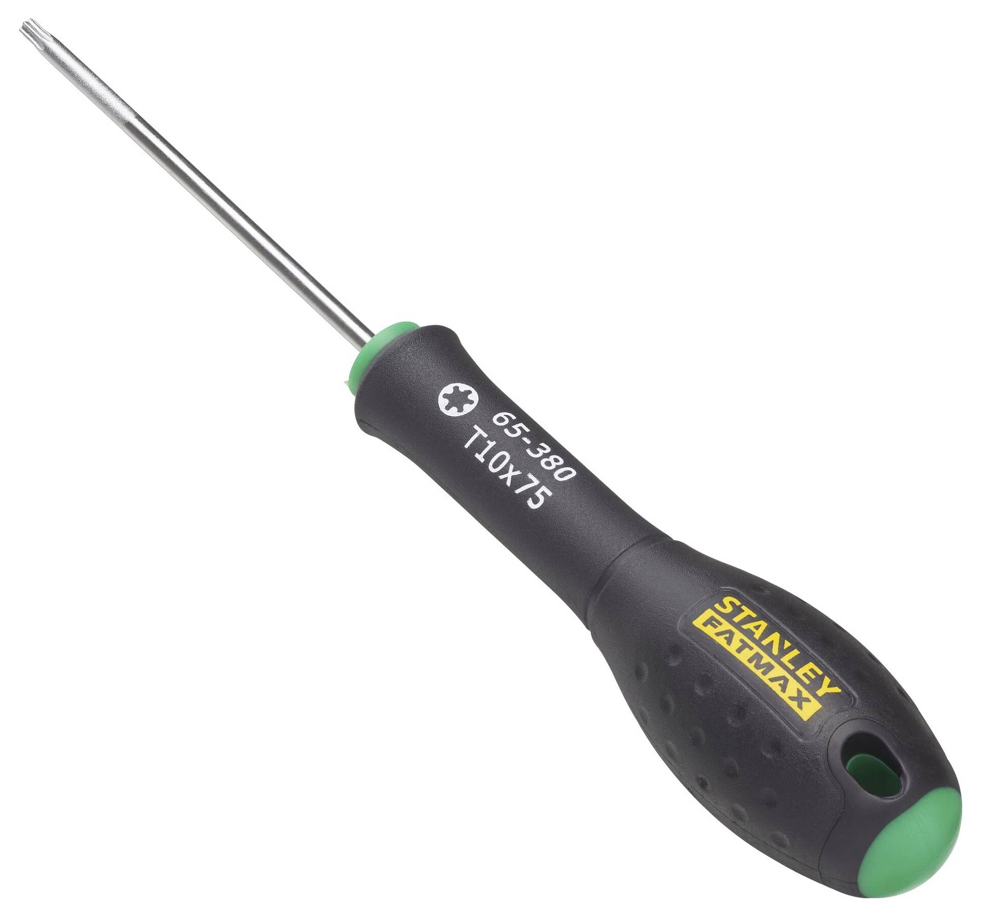 Černý šroubovák se zeleným prstencem a žlutým logem 'Stanley', vhodný pro šrouby Torx (T10 x 75).