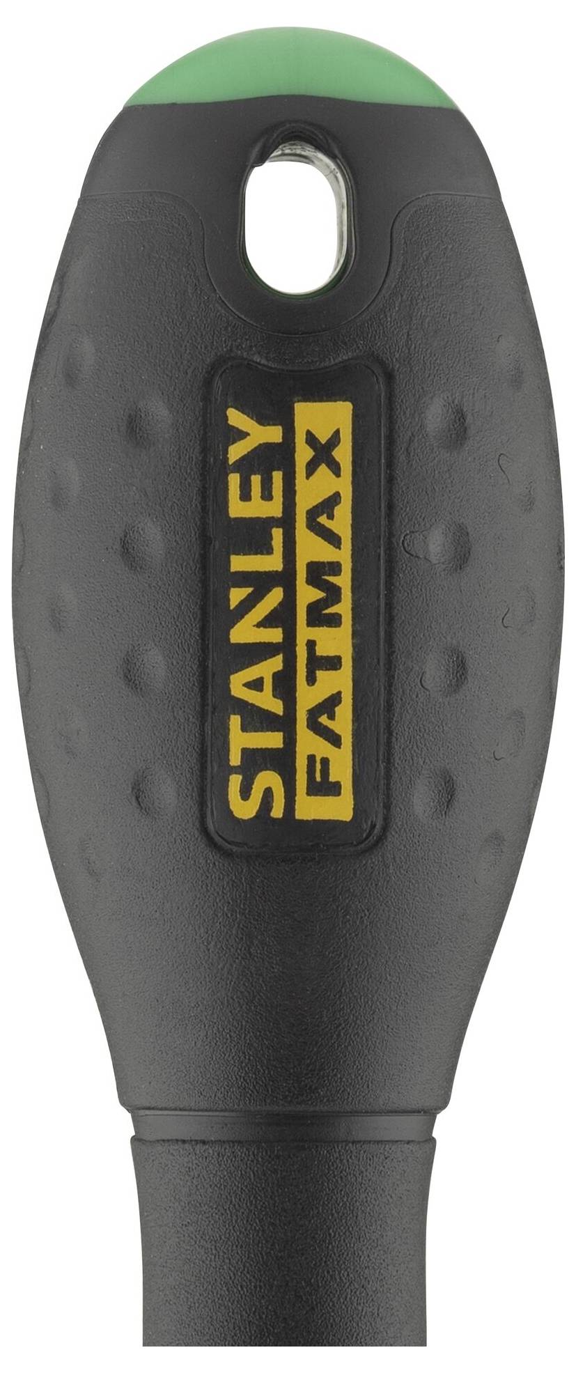 Černá rukojeť nástroje s žlutým logem 'Stanley Fatmax'.