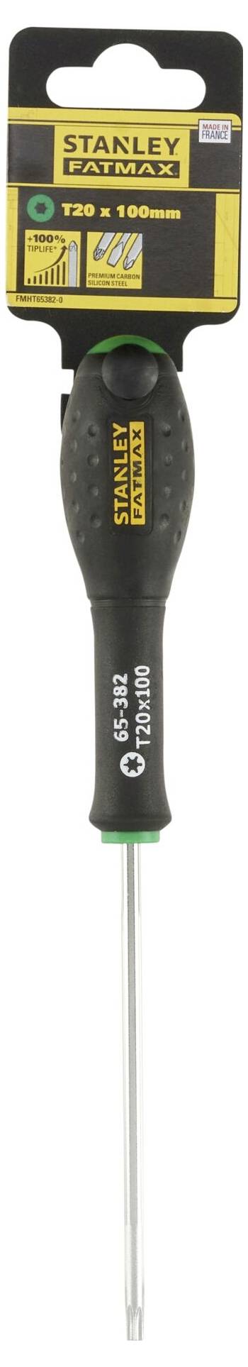 Černý šroubovák Stanley s zeleným detailem. Rukojeť je ergonomicky tvarována. Obal zobrazuje typ T20 a délku 100 mm.