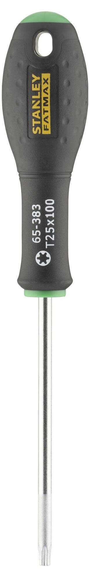 Šroubovák s černou rukojetí, zelenou špičkou a logem 'STANLEY FATMAX'. Určen pro šrouby Torx, velikost T25.