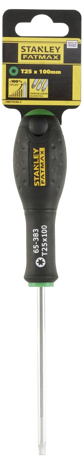 Šroubovák s ergonomickou rukojetí, značka 'STANLEY FATMAX', hrot Torx T20, délka 100 mm. Balení obsahuje logo a různé údaje.