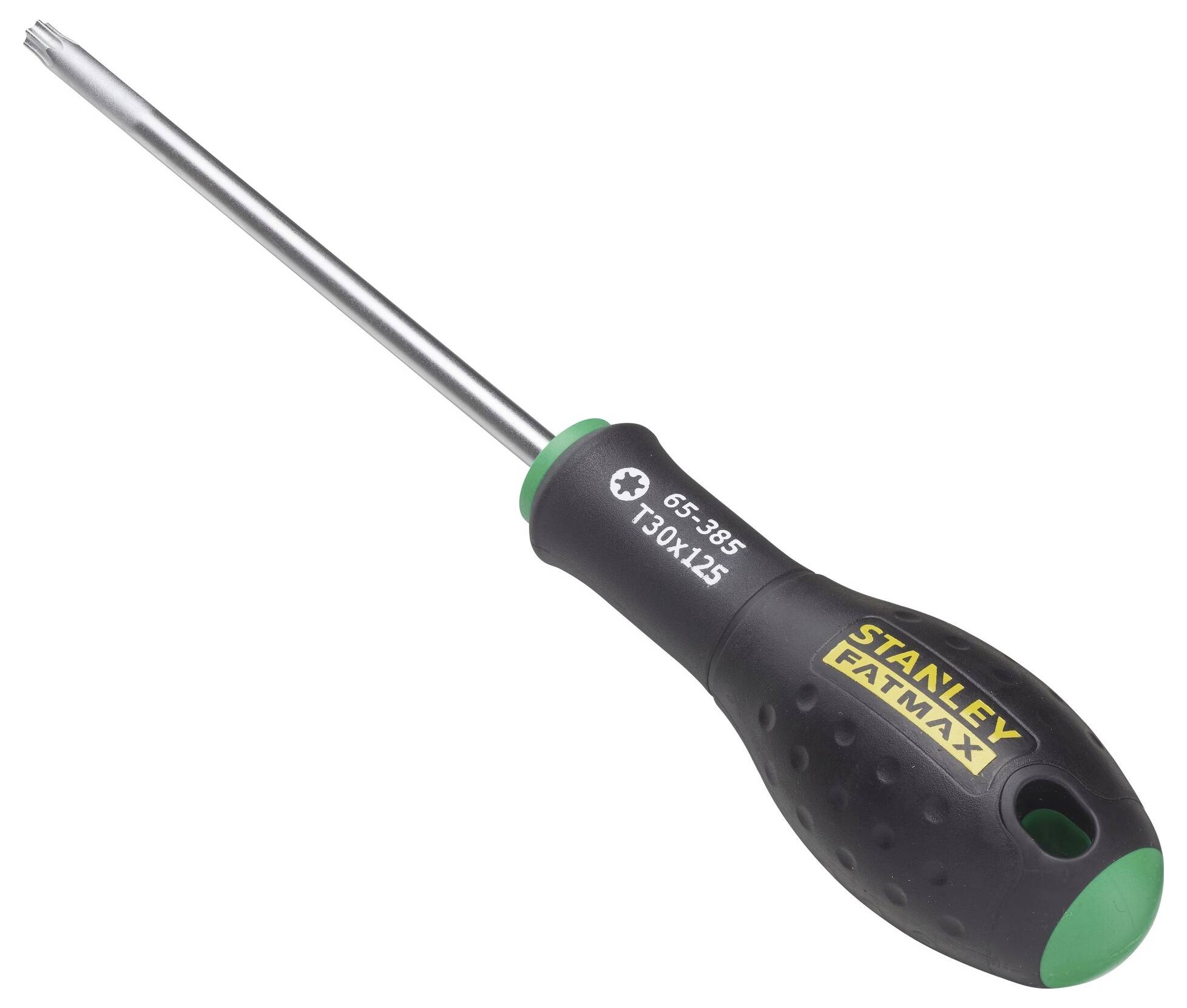 Šroubovák s černou a zelenou rukojetí s nápisem 'Stanley Fatmax T30x125'.