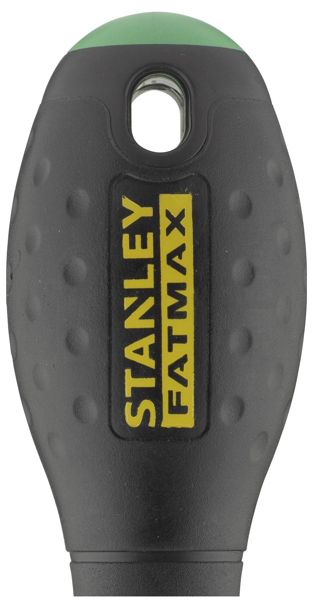 Rukojeť nástroje Stanley Fatmax s černou rukojetí a žlutým nápisem. Nahoře je viditelná zelená krytka.