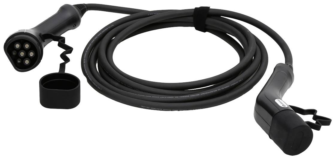 Dlouhý černý nabíjecí kabel s konektory na obou koncích a odnímatelnými kryty, vhodný pro elektromobily.
