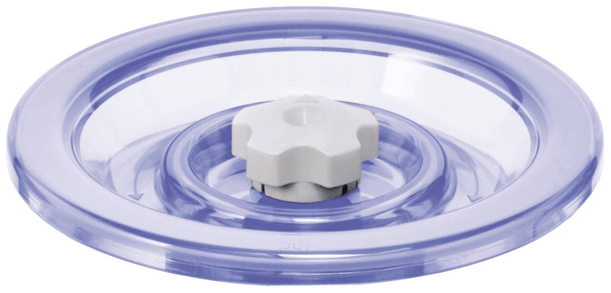 Průhledný modrý plastový víčko s bílým otočným knoflíkem uprostřed. Vhodné pro hrnce nebo mísy.