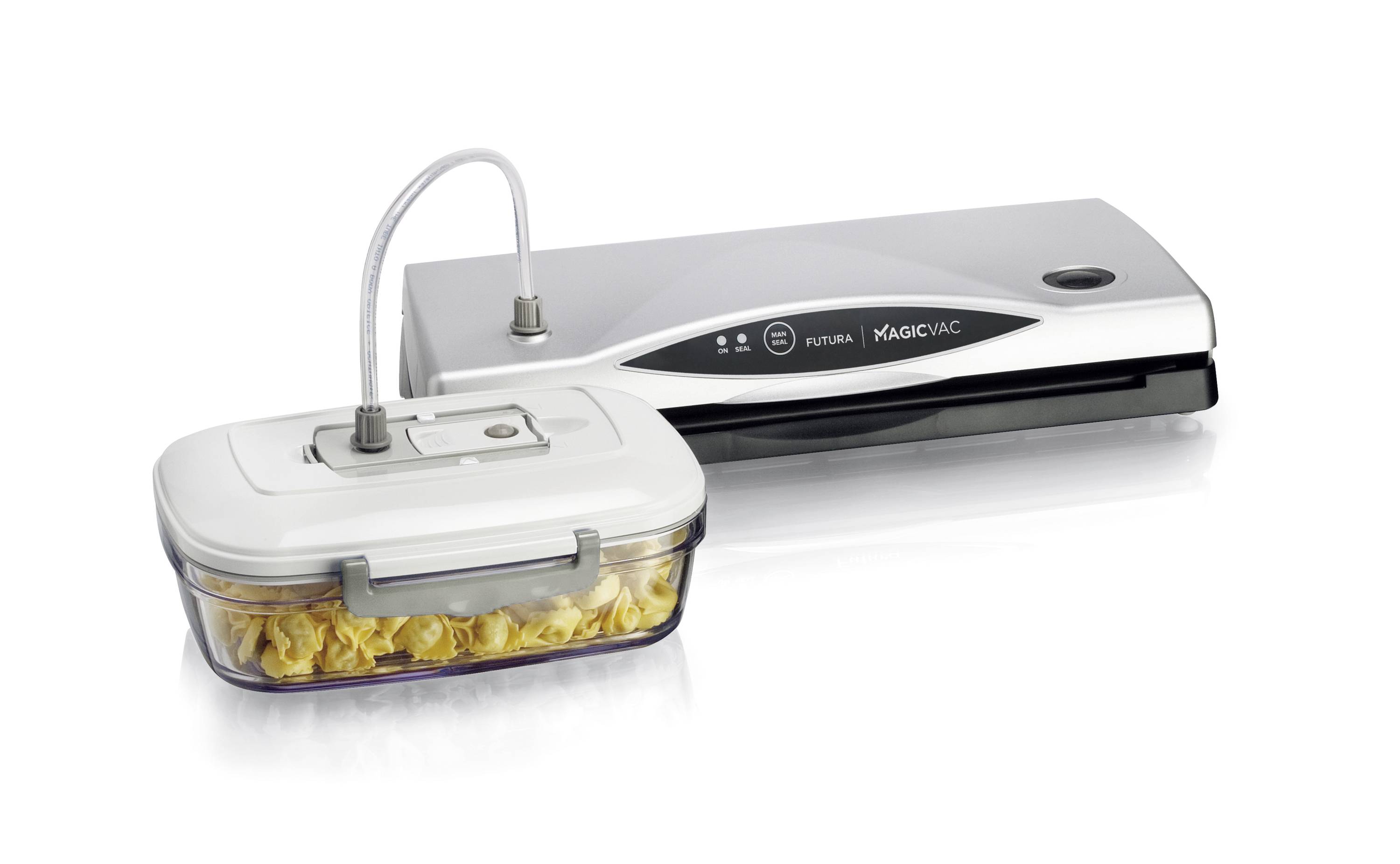 Vakuovací přístroj s připojenou vakuovou nádobou naplněnou žlutou pastou. Vhodný pro vzduchotěsné uzavírání potravin.