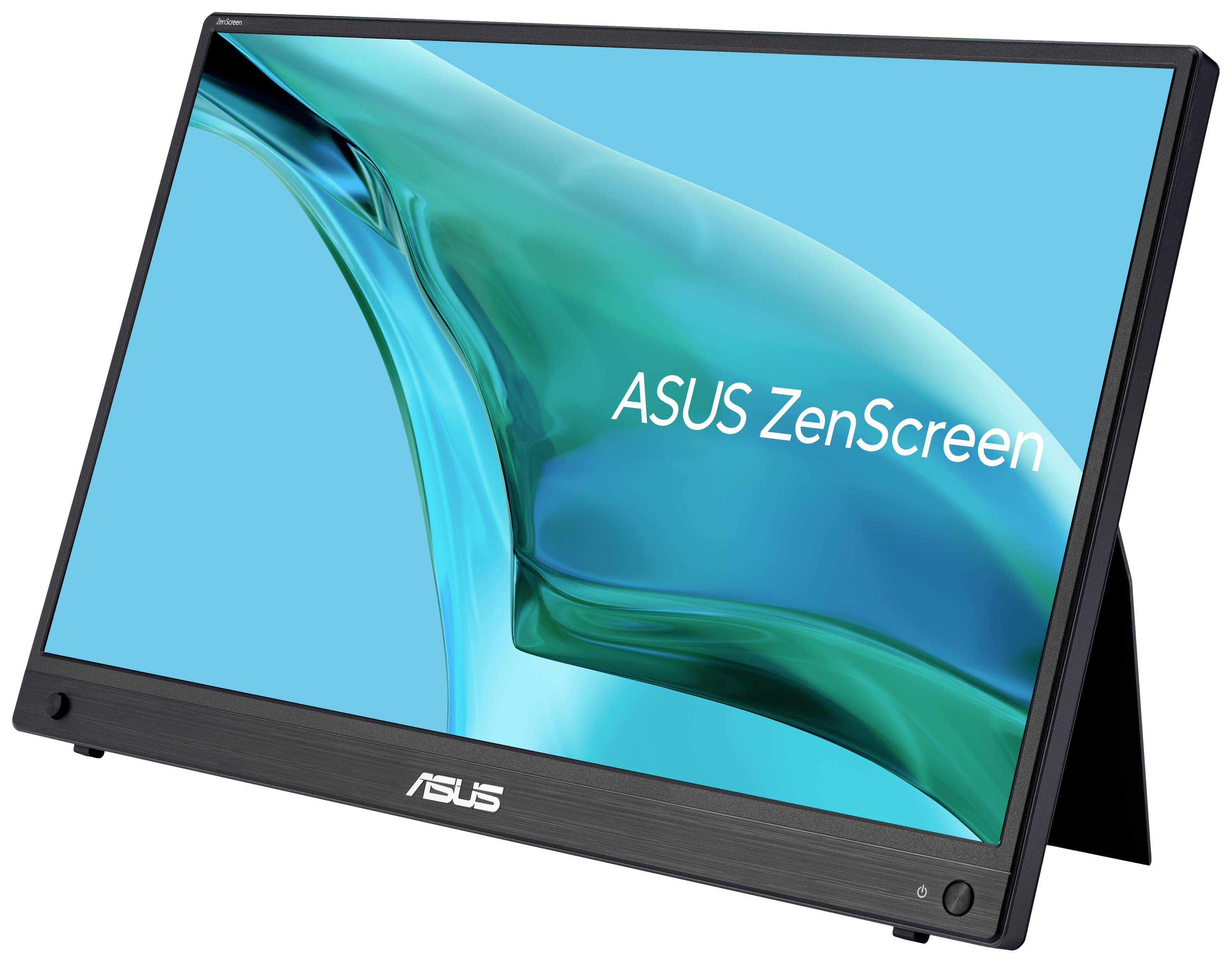 Přenosný monitor ASUS ZenScreen v šikmém bočním pohledu s modrým pozadím obrazovky a názvem produktu.