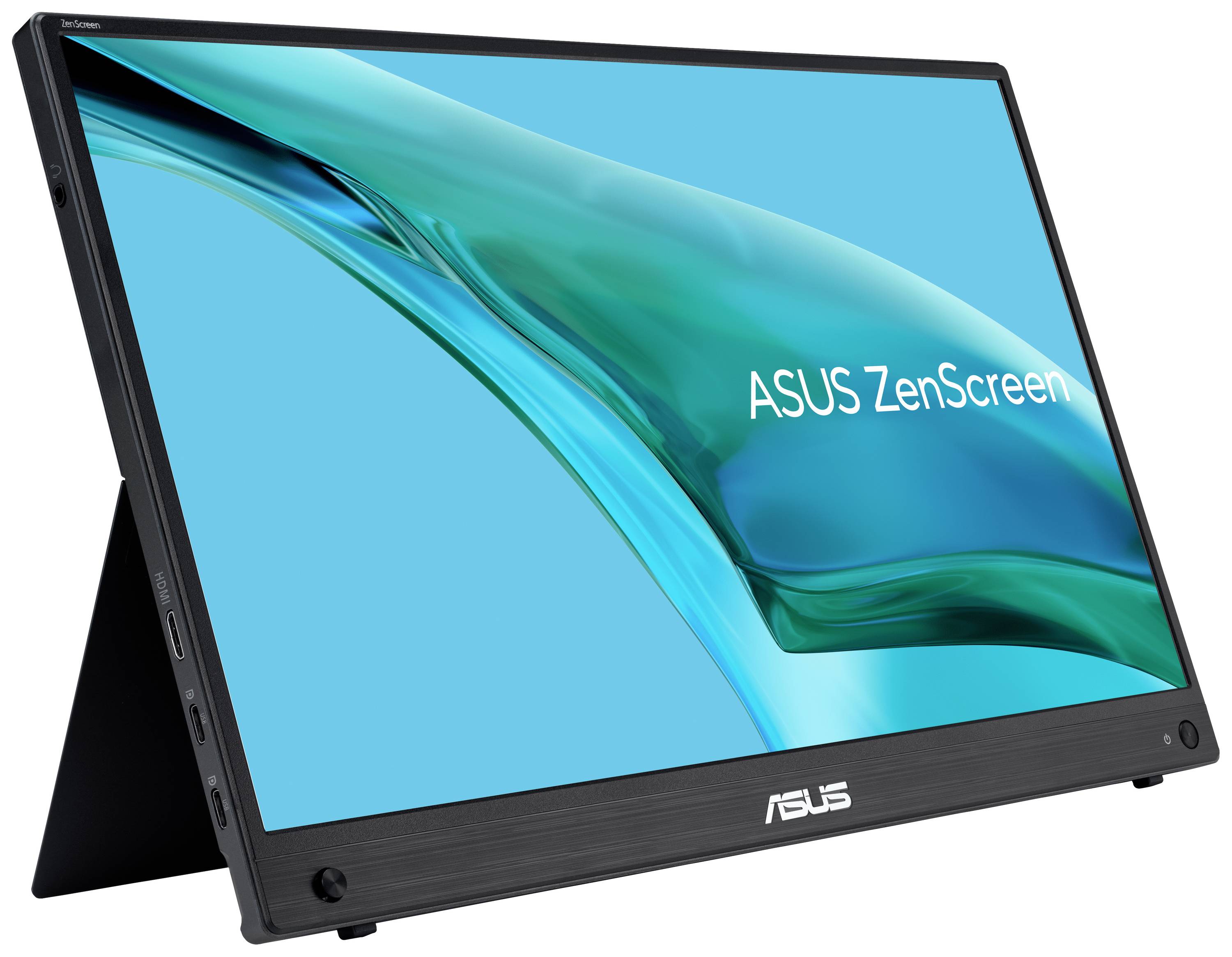 Přenosný monitor ASUS ZenScreen s modrým pozadím displeje, podpíraný stojánkem, zobrazený z bočního pohledu.