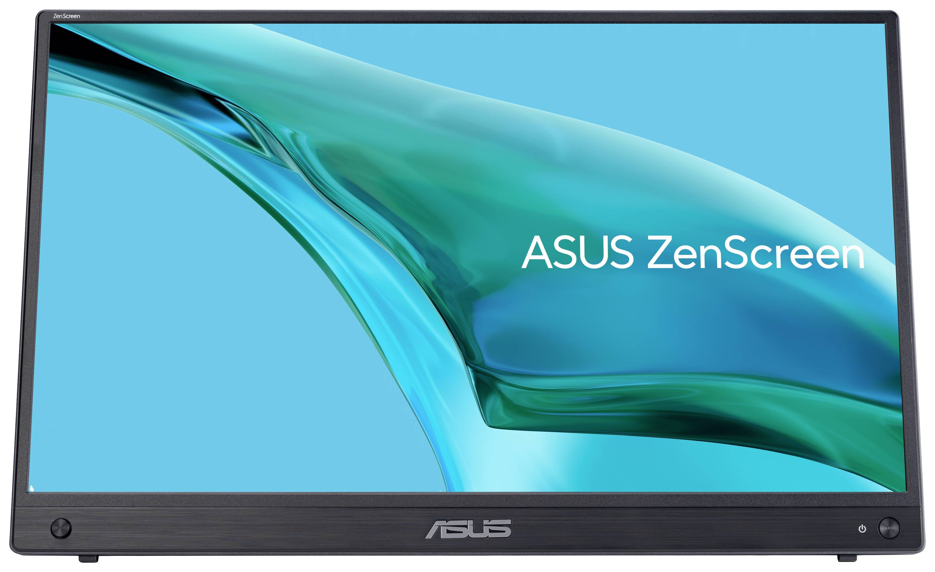 ASUS ZenScreen na přenosném monitoru s modrozeleným pozadím.