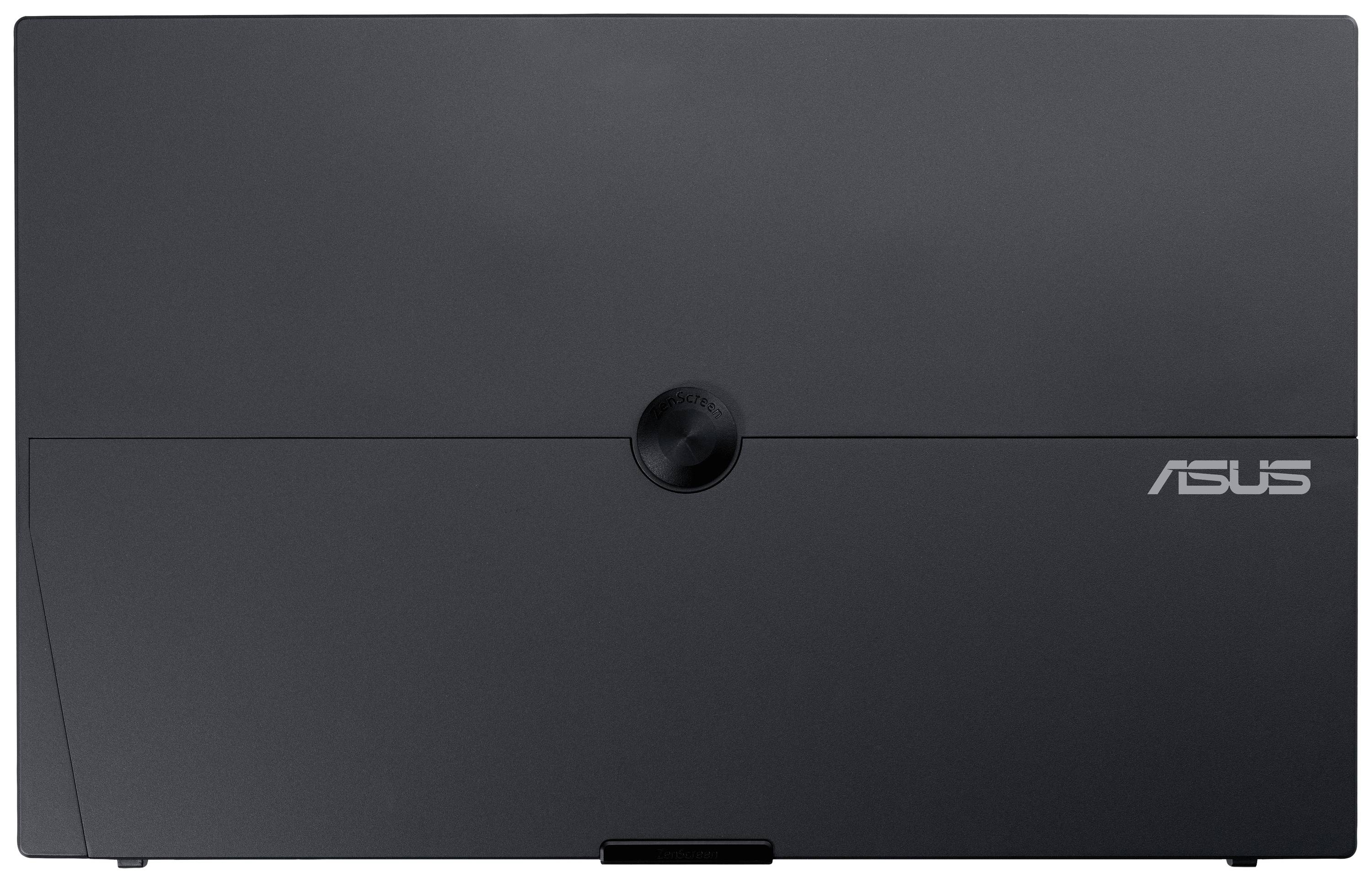 Ochranný obal na notebook z černého plastu s centrálním kulatým tlačítkem. Na pravé straně je bílé logo Asus.