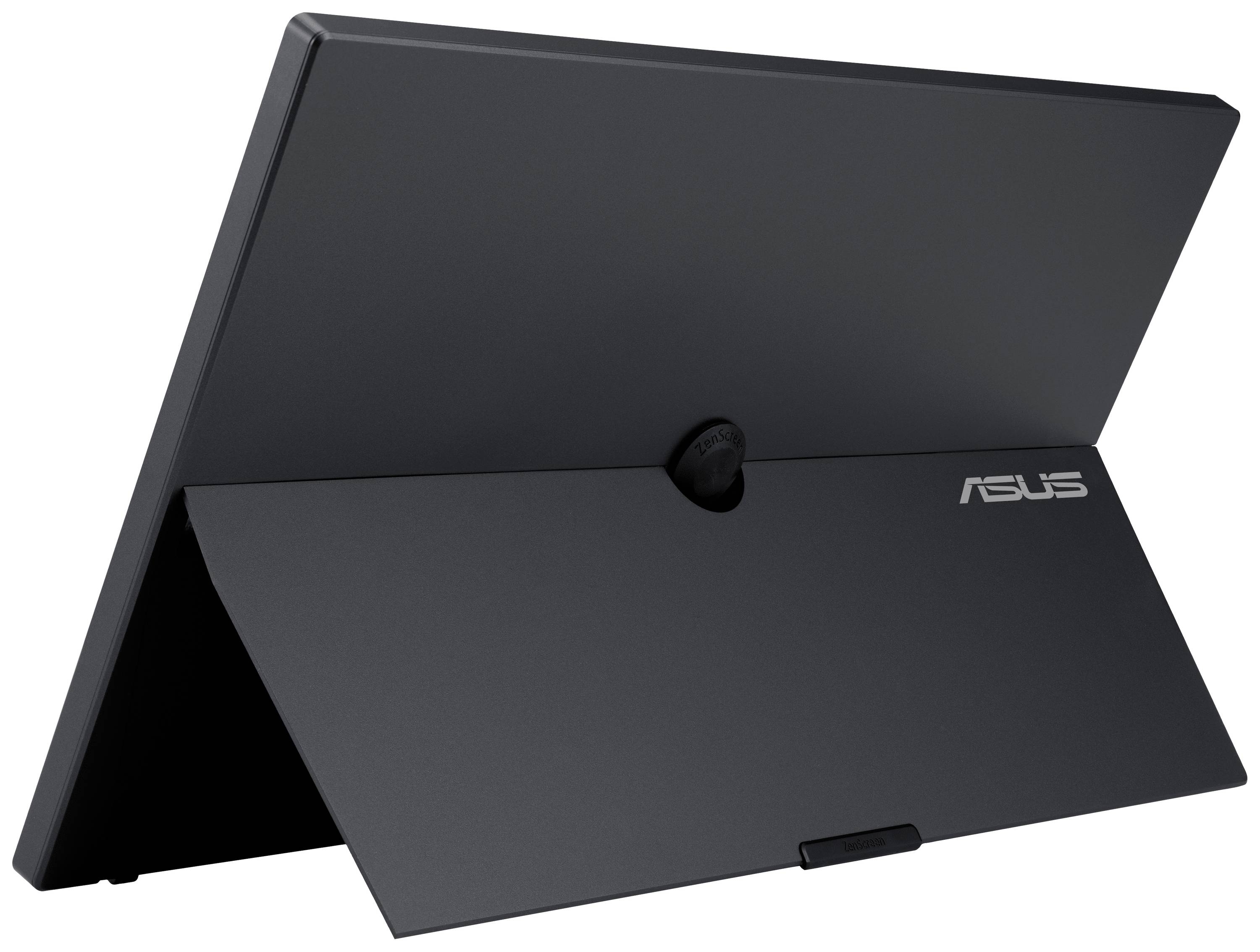 Zadní pohled na přenosný černý monitor značky ASUS s výklopným stojanem, ideální pro mobilní práci.