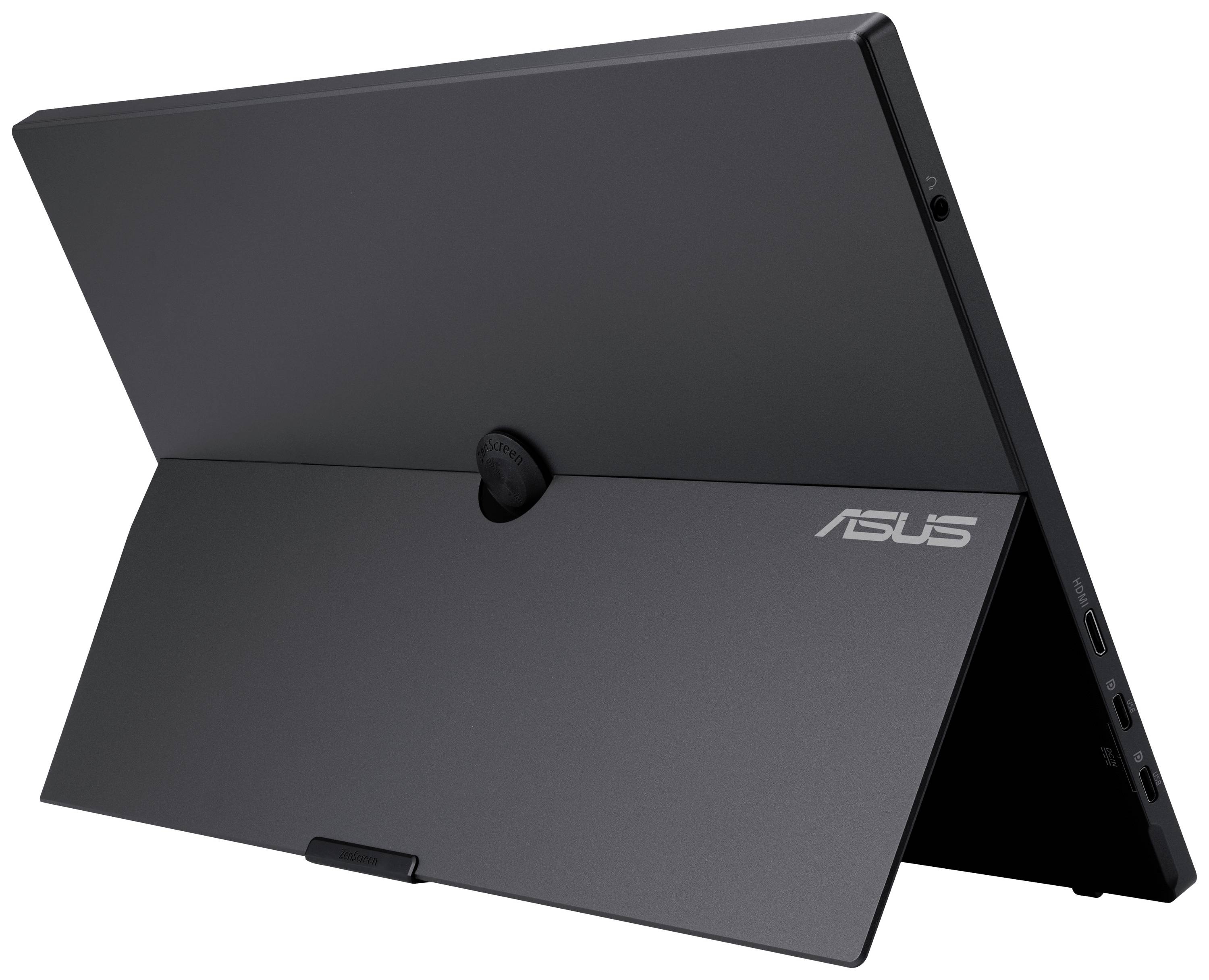 Pohled zezadu na štíhlý laptop s plastovým stojánkem. Logo ASUS je viditelné na šedém krytu. Na straně je několik konektorů.