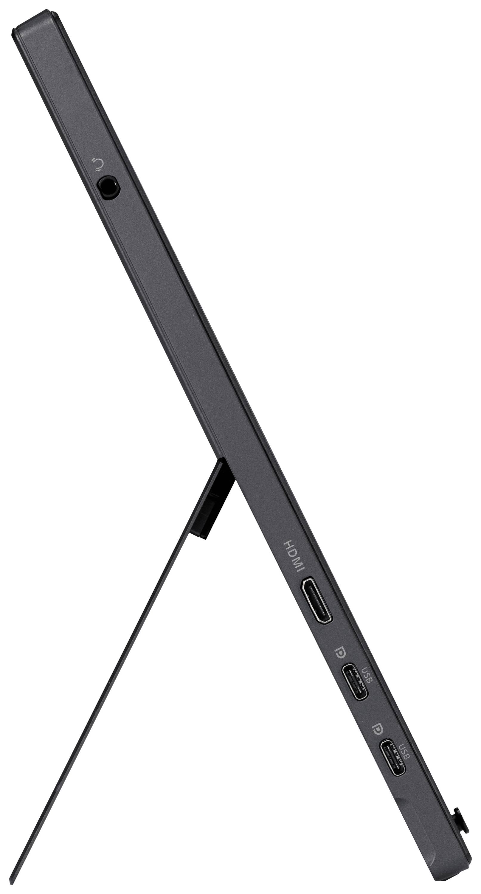 Boční pohled na štíhlý tablet umístěný na stojanu s USB a HDMI porty.