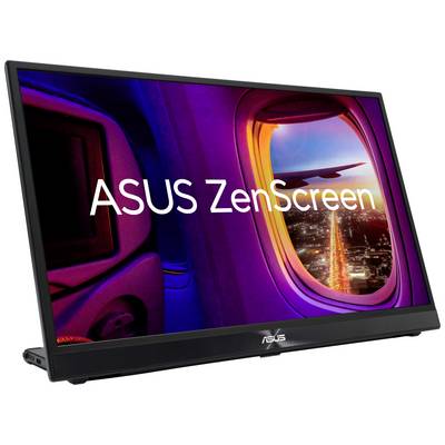 Přenosný displej ASUS s nápisem 'ASUS ZenScreen', zobrazený před oknem letadla s nočním výhledem na město.