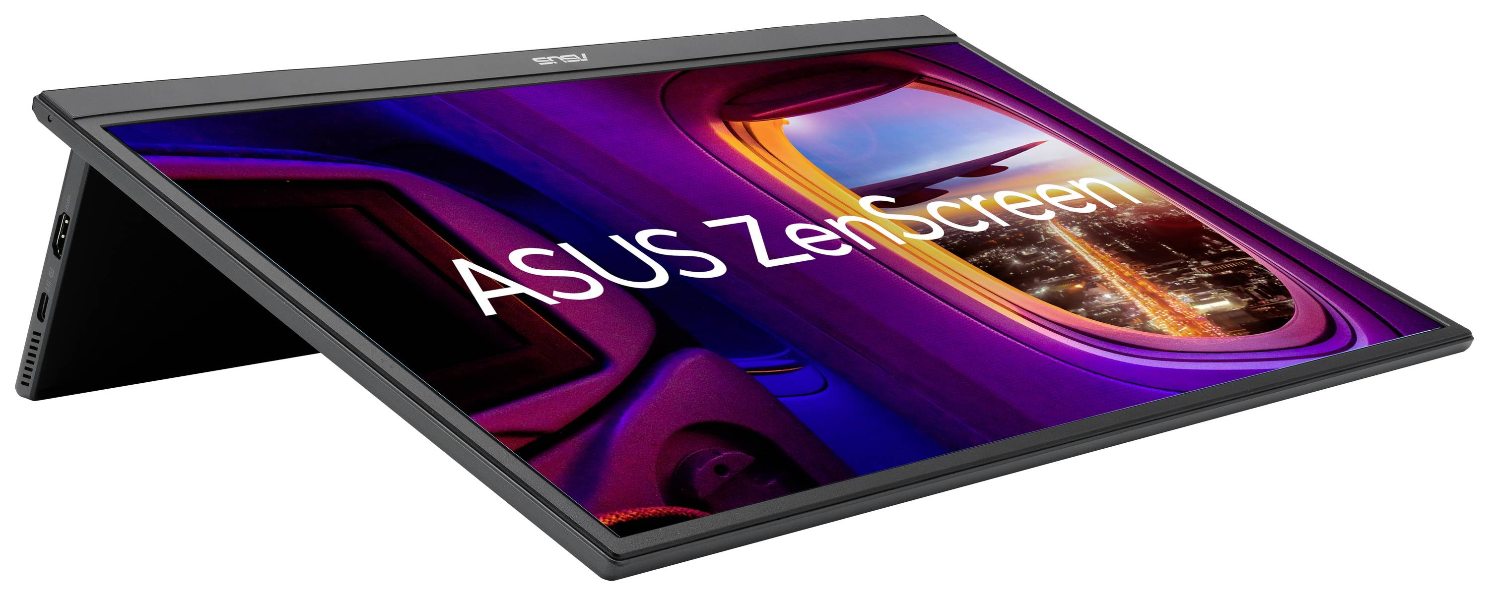 Přenosný monitor ASUS ZenScreen s obrázkem osvětleného výhledu na město skrz okno letadla.