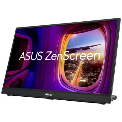 Na přenosném monitoru ASUS ZenScreen zobrazený letecký pohled ukazuje okno letadla s výhledem na osvětlenou noční městskou krajinu.