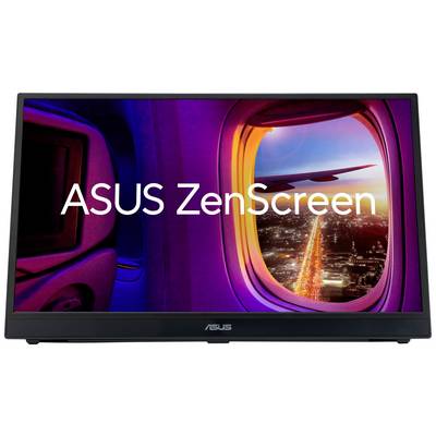 Obrazovka notebooku zobrazující text 'ASUS ZenScreen', na které je vidět večerní obloha a osvětlené město pohledem z okénka letadla.