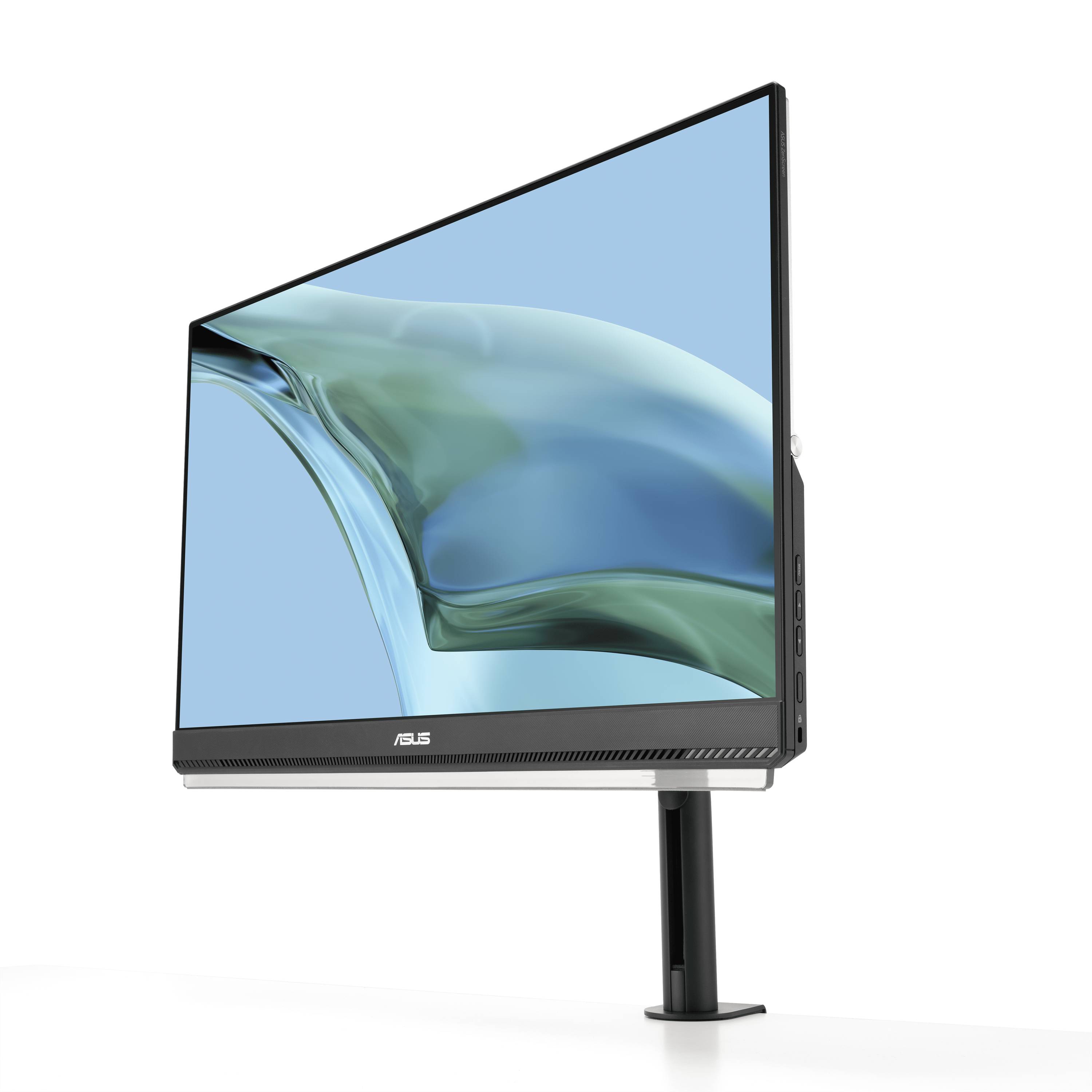 Moderní počítačový monitor s elegantním designem visí na nastavitelném stojanu a zobrazuje modrozelený obraz vody.