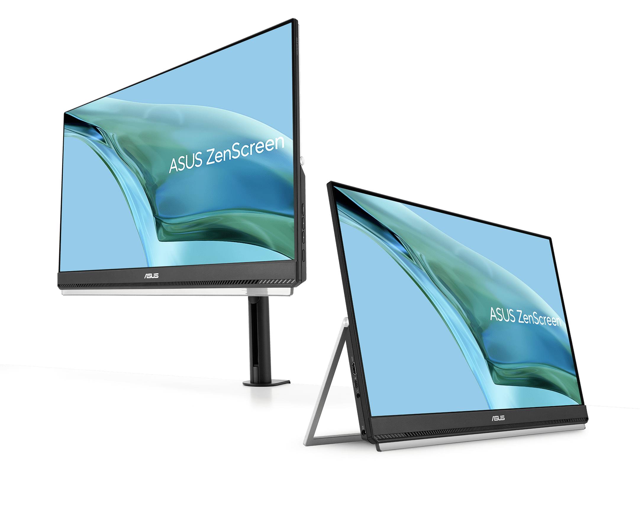 Dva monitory ASUS ZenScreen s modrými pozadími a vodním designem, jeden umístěný na stojanu, druhý s integrovanou podstavou.