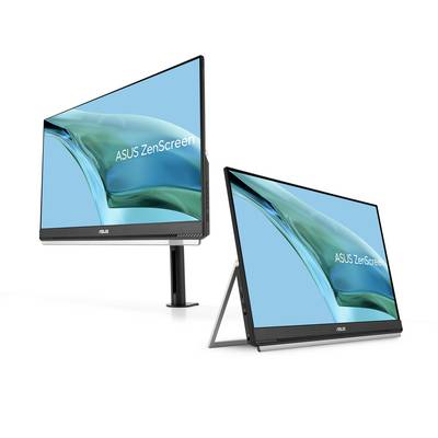 Dva monitory ASUS ZenScreen s modrými pozadími a vodním designem, jeden umístěný na stojanu, druhý s integrovanou podstavou.