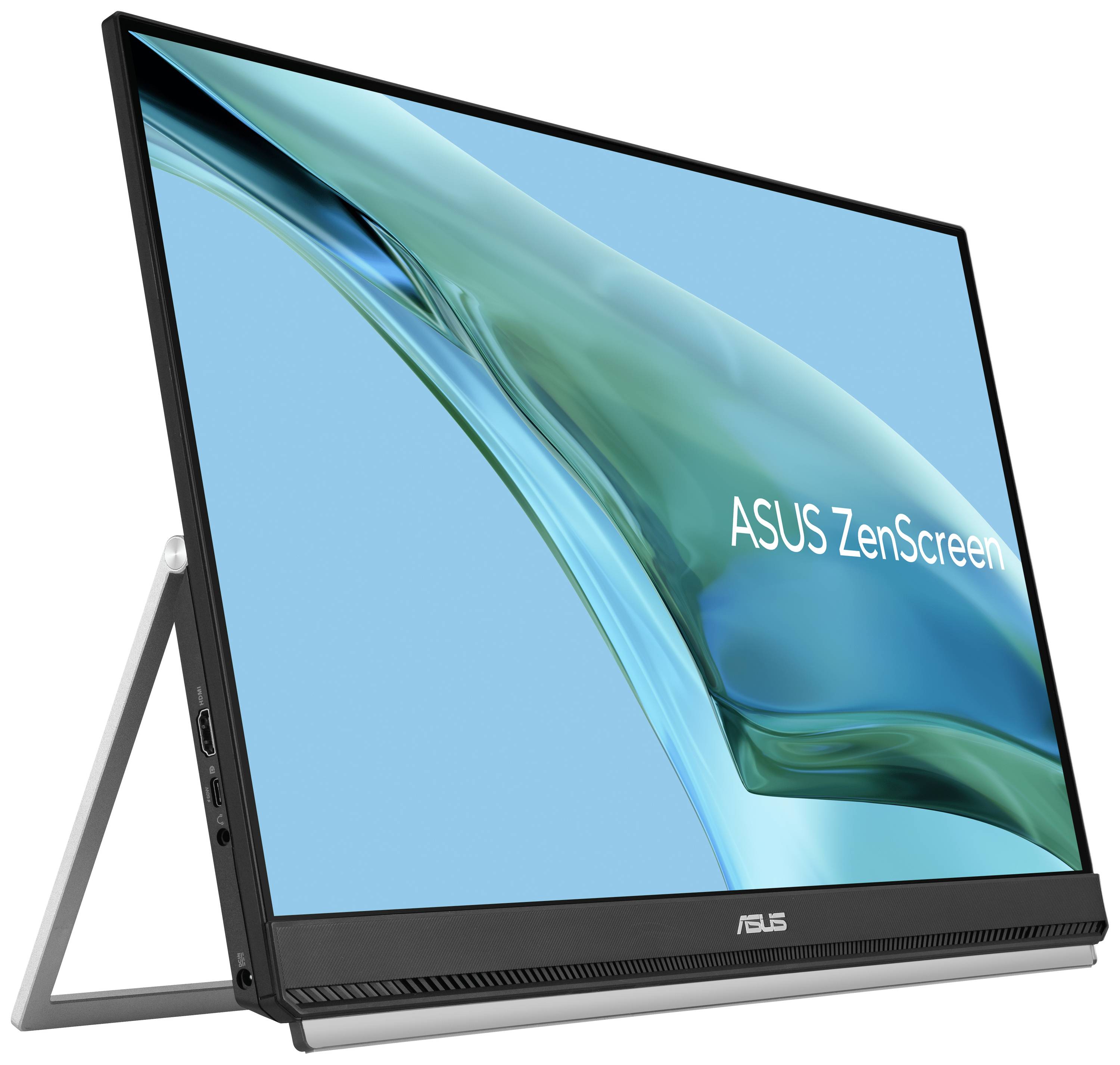 Přenosný monitor ASUS ZenScreen stojí na podstavci. Obrazovka zobrazuje modré a zelené abstraktní vlnité tvary.