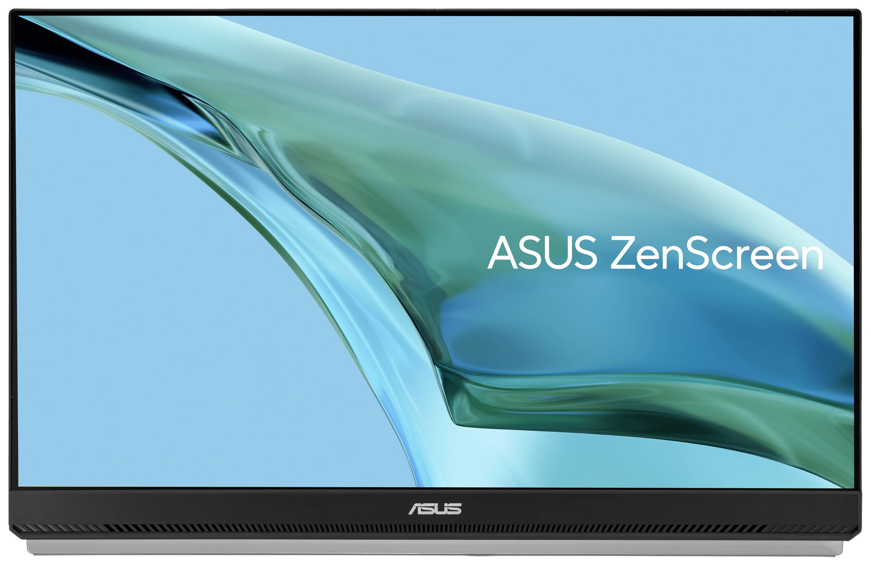 Monitor ASUS ZenScreen zobrazuje abstraktní vodní design. Vlevo: průsvitná zelená vlna na modrém pozadí.