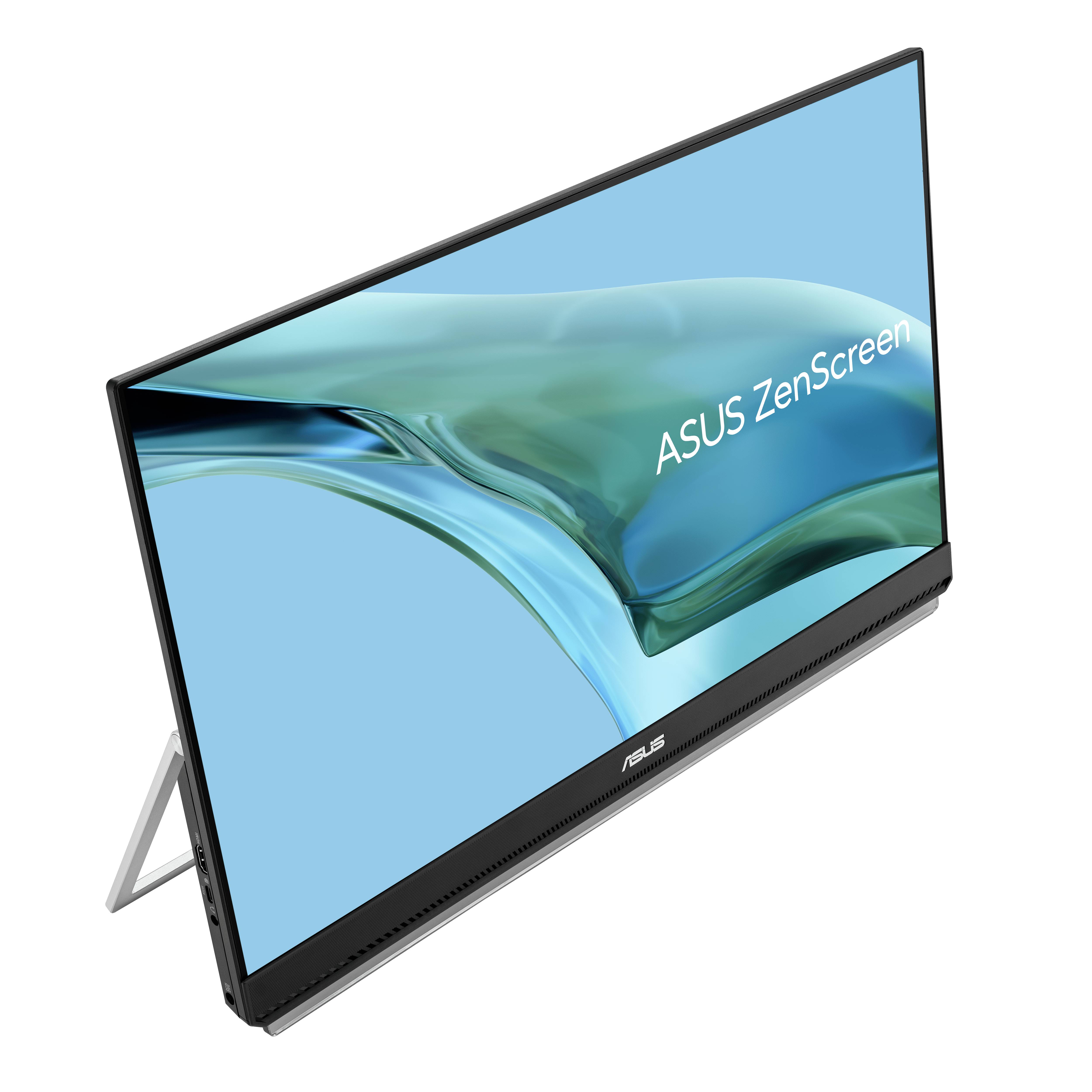 Přenosný monitor Asus ZenScreen umístěný na stojanu z boku, s modrým pozadím obrazovky.