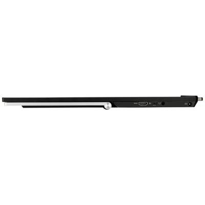 Boční pohled na štíhlý černý notebook s několika porty, včetně USB a HDMI konektorů.