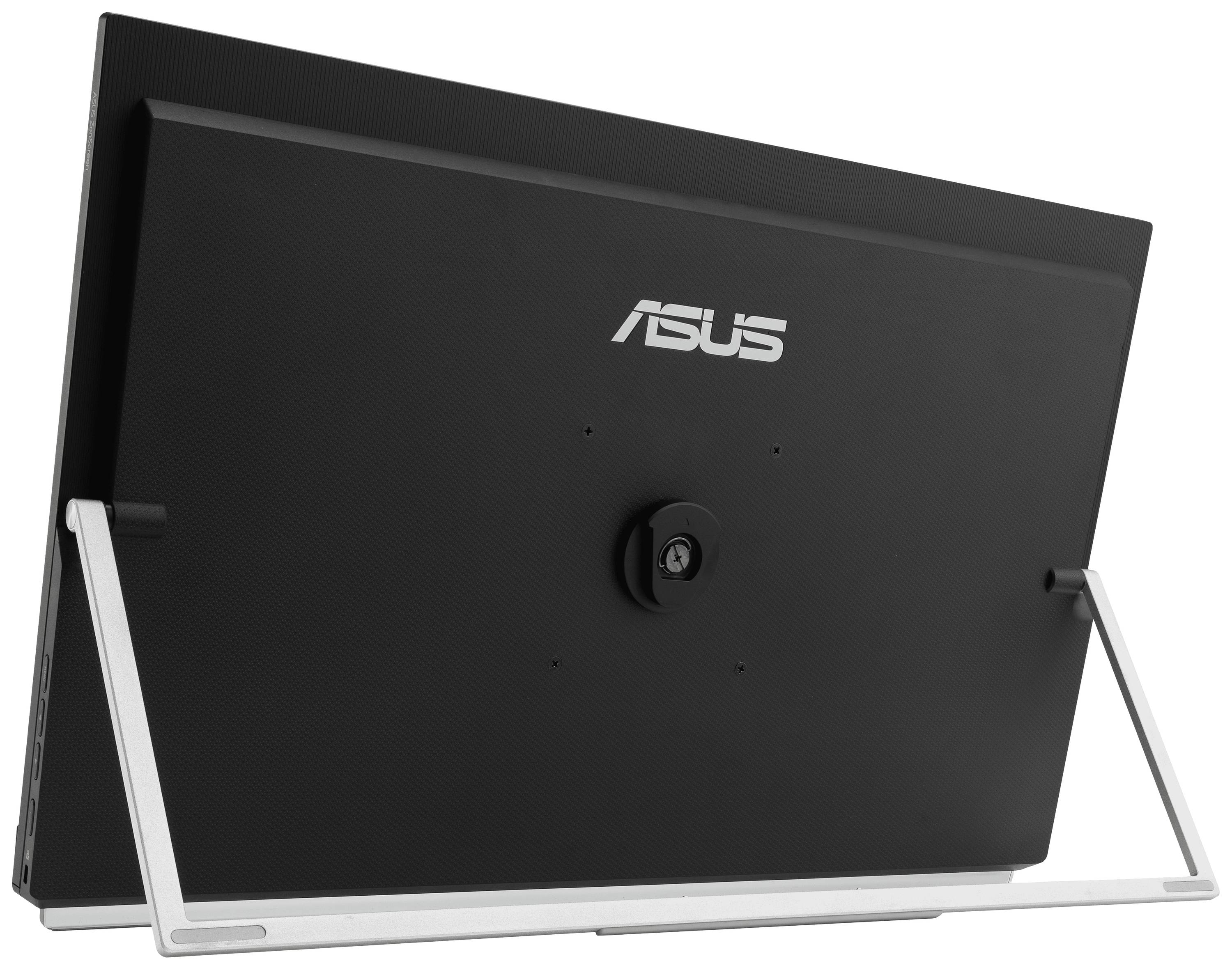 Pohled zezadu na černý monitor se stříbrným stojanem, na jehož zadní straně je viditelný nápis 'ASUS', přičemž hlavní důraz je kladen na design.