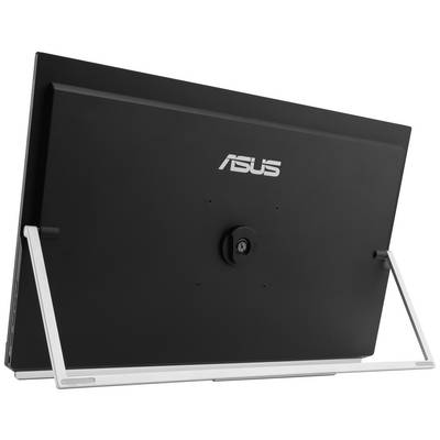 Pohled zezadu na černý monitor se stříbrným stojanem, na jehož zadní straně je viditelný nápis 'ASUS', přičemž hlavní důraz je kladen na design.