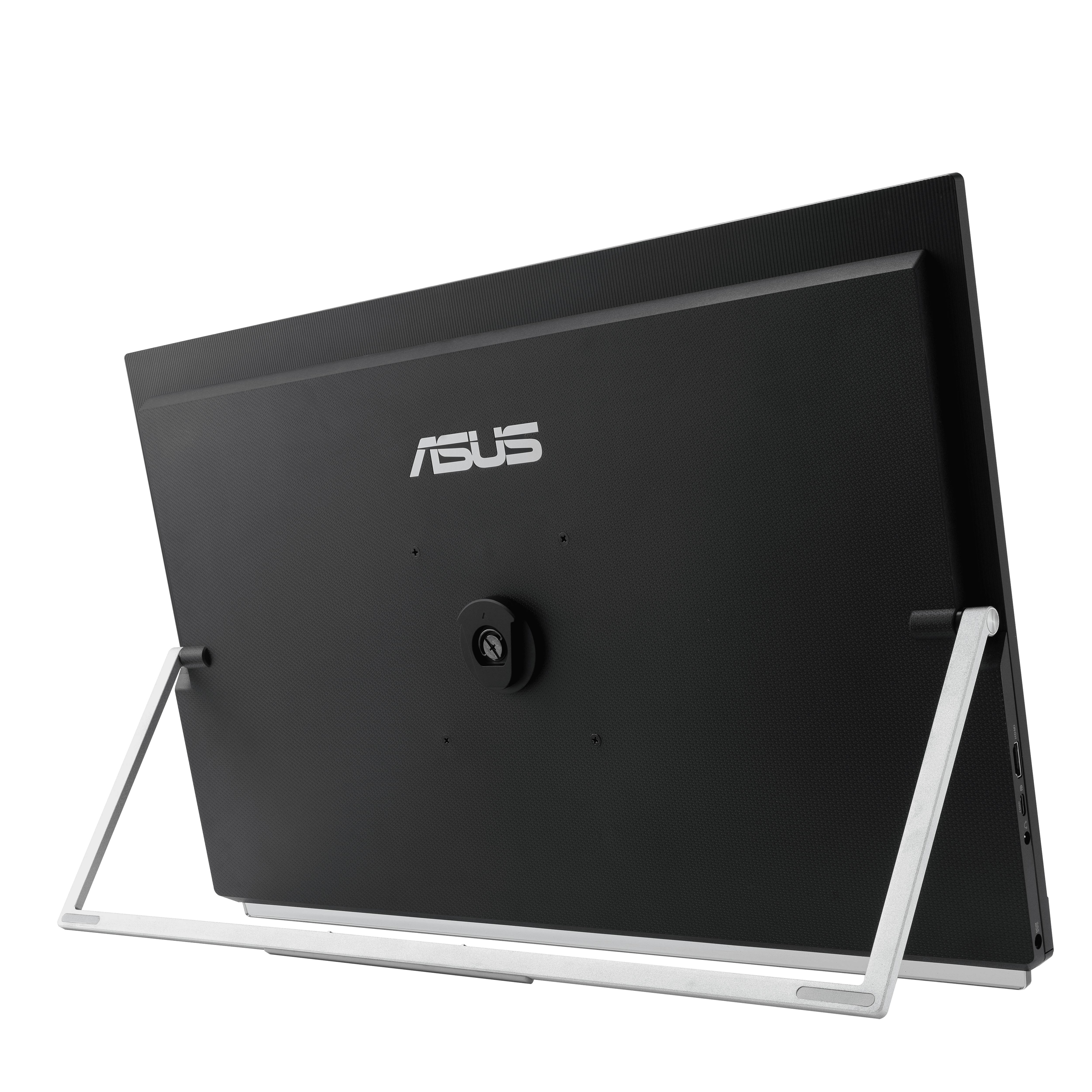 Černý monitor se stříbrným stojanem značky Asus, pohled zezadu. Čisté a jednoduché provedení.