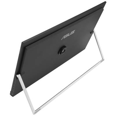Přenosný monitor ASUS s černým tělem a integrovaným stojanem, pohled zezadu, znázorňující mobilitu v pracovním prostředí.