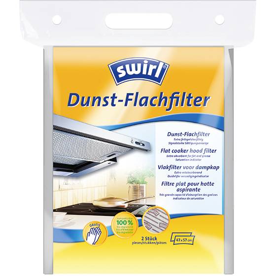 Filtr Swirl Dunst-Flachfilter zobrazuje obal plochého filtru pro digestoře. Obsahuje dva filtry. Rozměr 47x57 cm.