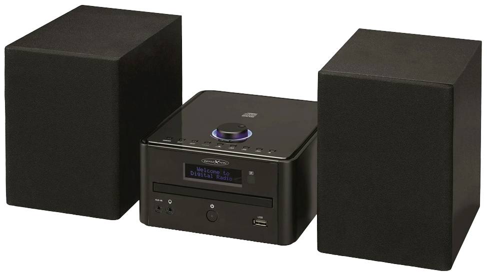 Černý, kompaktní audiosystém se dvěma reproduktory, centrální hlavní jednotkou s digitálním displejem, ovladačem hlasitosti a CD slotem.