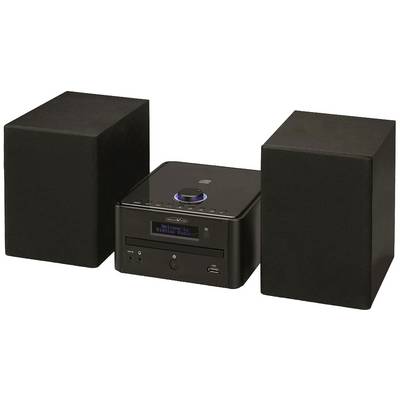 Černý, kompaktní audiosystém se dvěma reproduktory, centrální hlavní jednotkou s digitálním displejem, ovladačem hlasitosti a CD slotem.