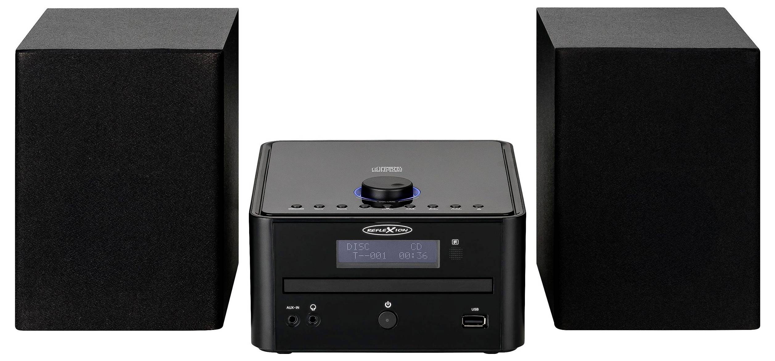 Černý stereo systém se středovým CD přijímačem a dvěma odpovídajícími reproduktory na bílém pozadí.