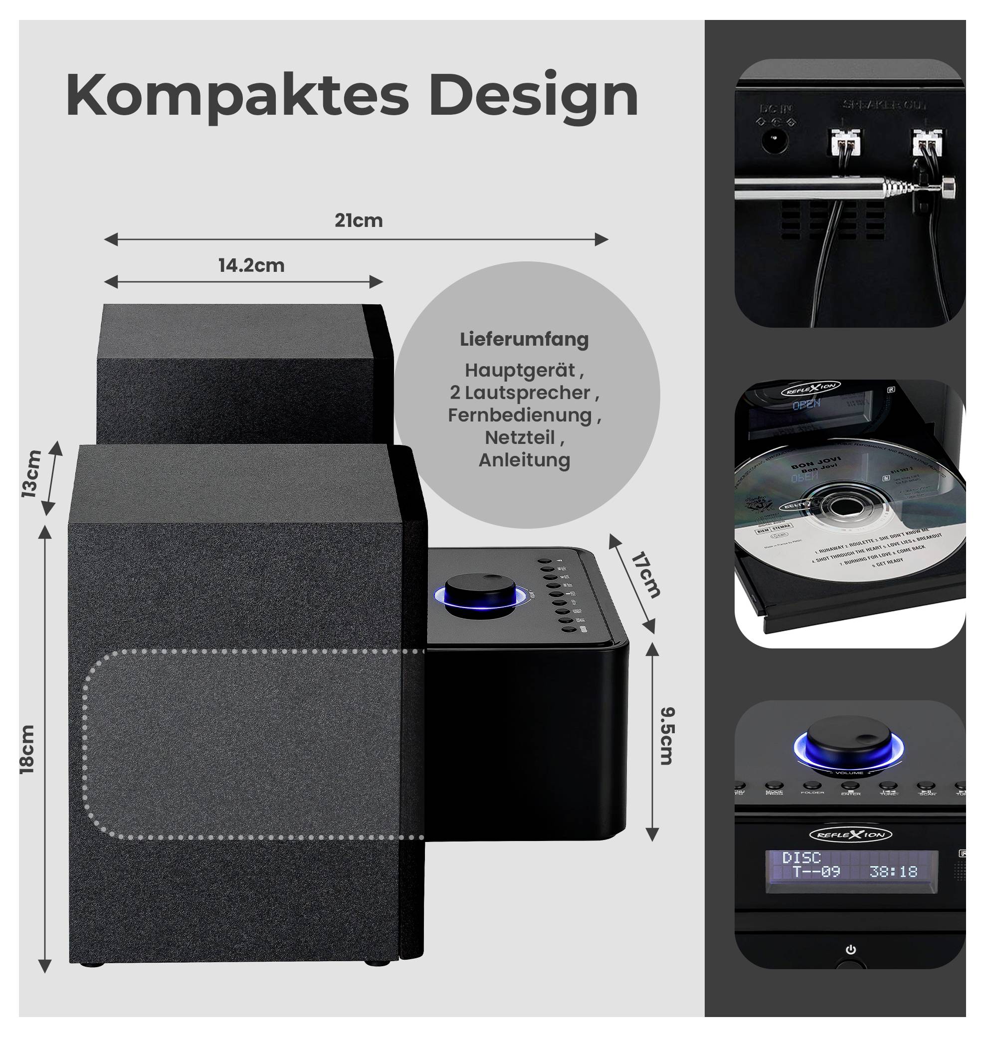 Zobrazení produktu „Kompaktní design" s rozměry zařízení: 21 cm široké, 18 cm vysoké, obsah balení: hlavní zařízení, 2 reproduktory, dálkové ovládání, napájecí zdroj, návod.