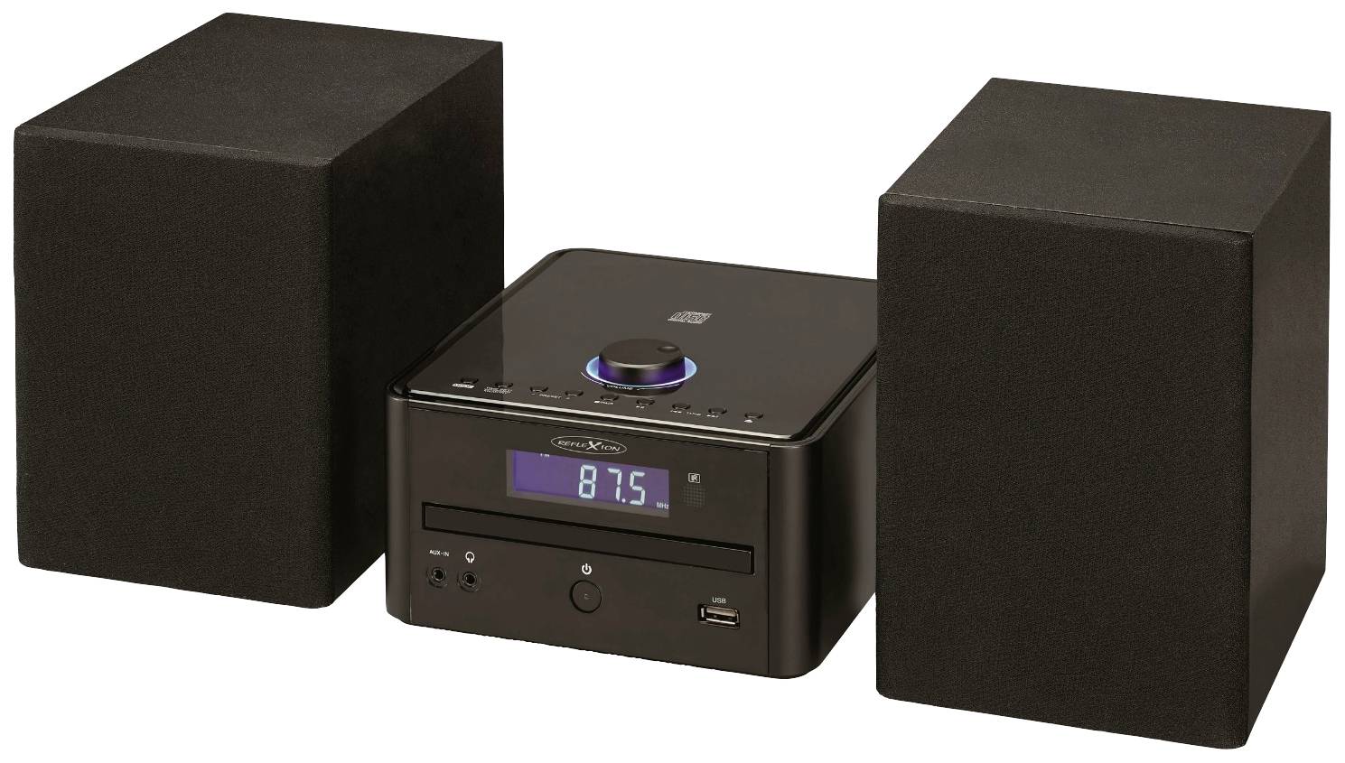 Černý stereosystém se dvěma reproduktory, pohled zepředu. Digitální displej ukazuje '87.5'. Obsahuje CD mechaniku a USB port.