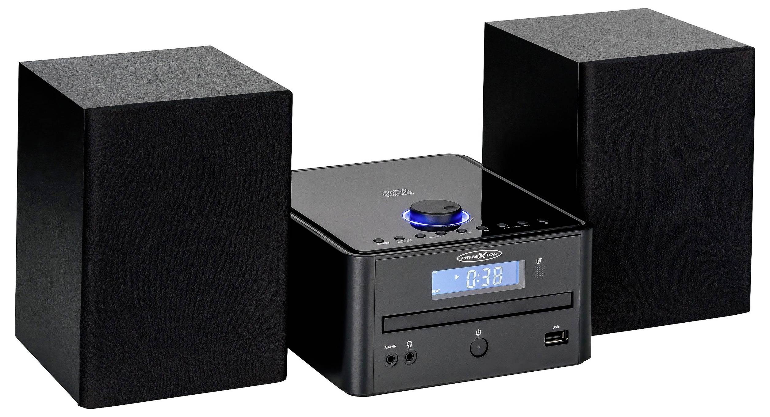 Černý stereo systém se dvěma reproduktory a centrálním přehrávačem CD/rádiem zobrazujícím 0:38 na displeji.