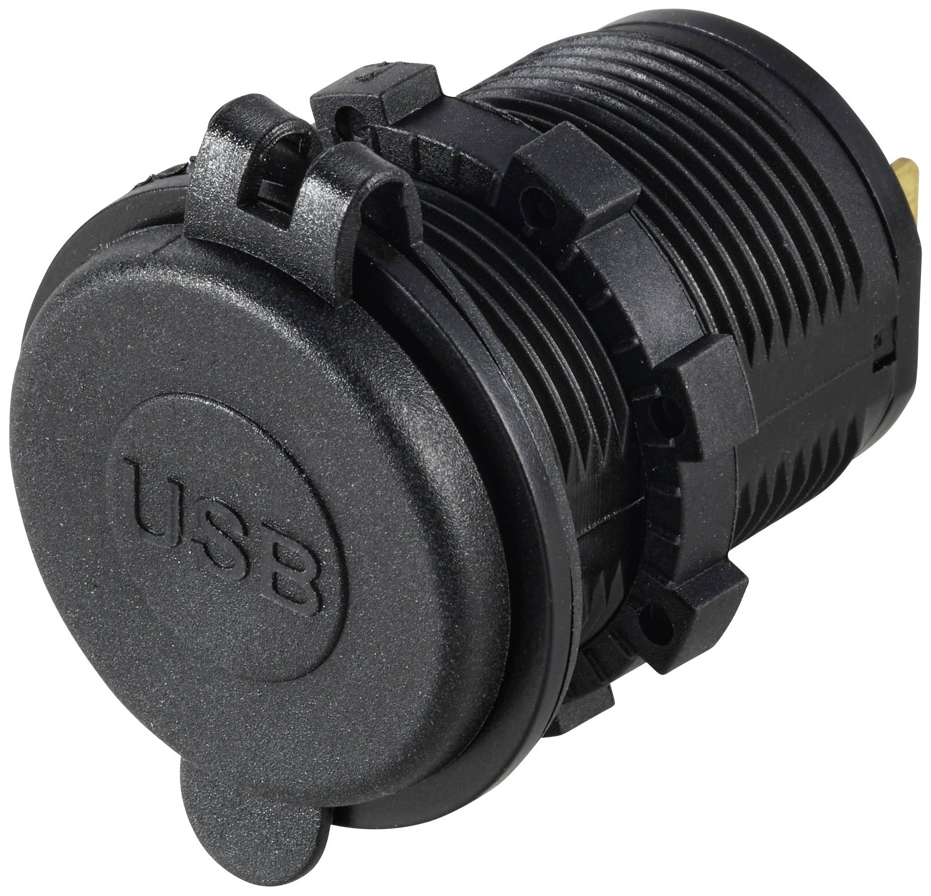 Černá USB zásuvka s ochranným krytem.