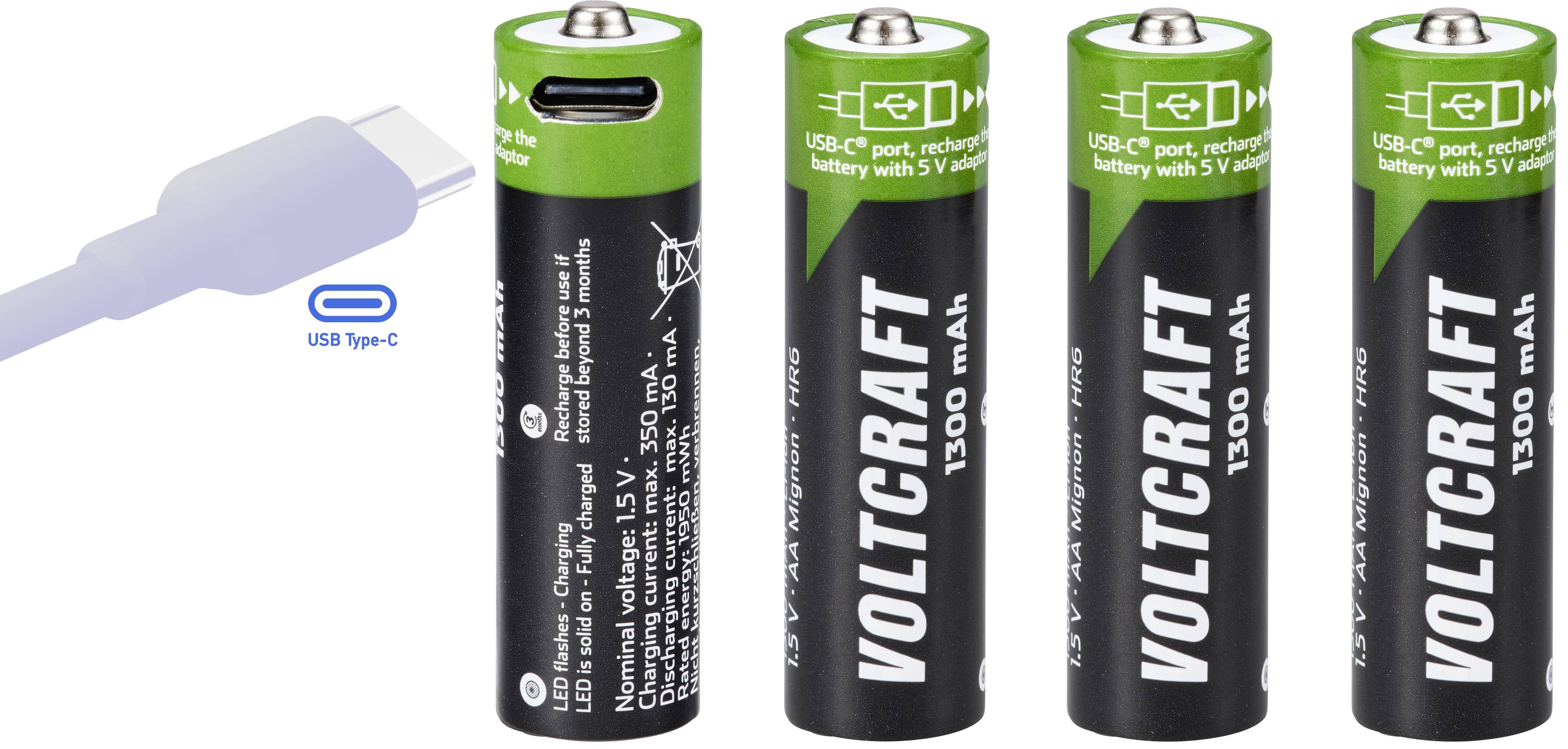 Čtyři dobíjecí baterie AA značky Voltcraft s USB-C konektorem pro nabíjení. Vedle nich nalevo USB-C kabel.