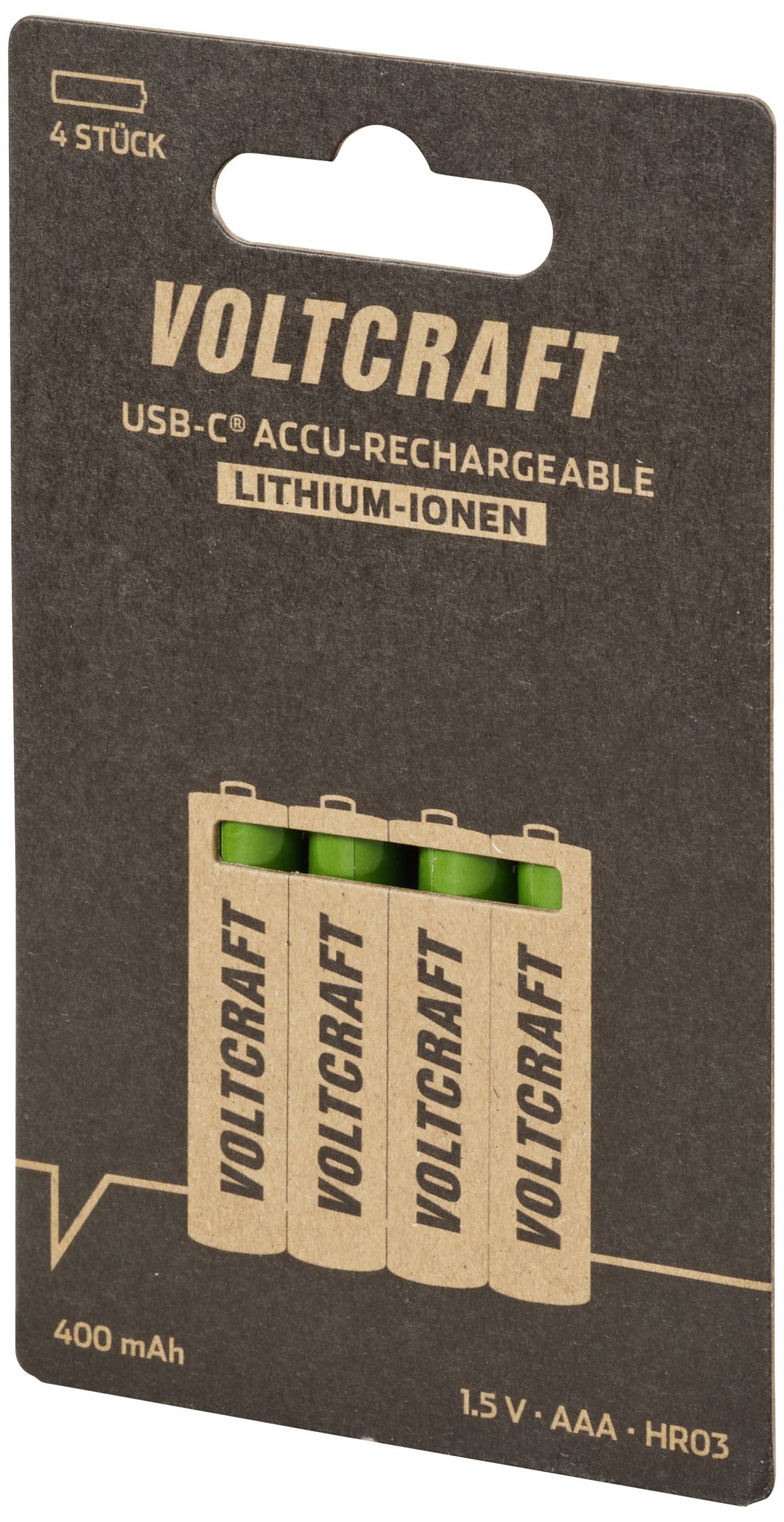 Balení čtyř dobíjecích AAA baterií, lithium-iontových, značky Voltcraft, 400 mAh, nabíjitelných přes USB-C.