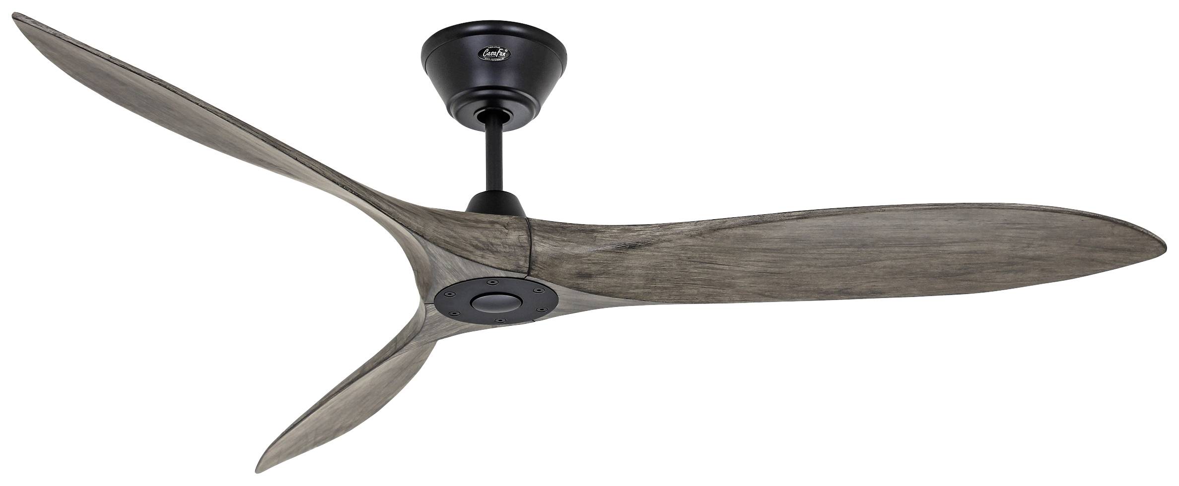 Stropní ventilátor se třemi tmavohnědými dřevěnými listy a černým upevňovacím prvkem. Moderní design pro obytné prostory.