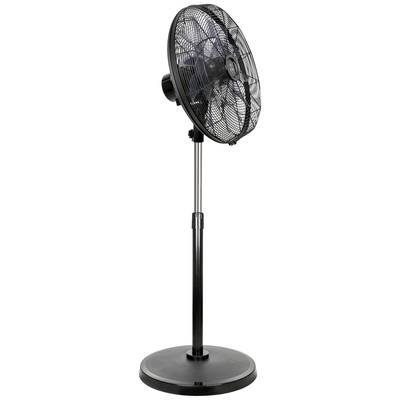 Stojanový ventilátor s černou mřížkou a nastavitelným stojanem. Vhodný pro chlazení vnitřních prostor.