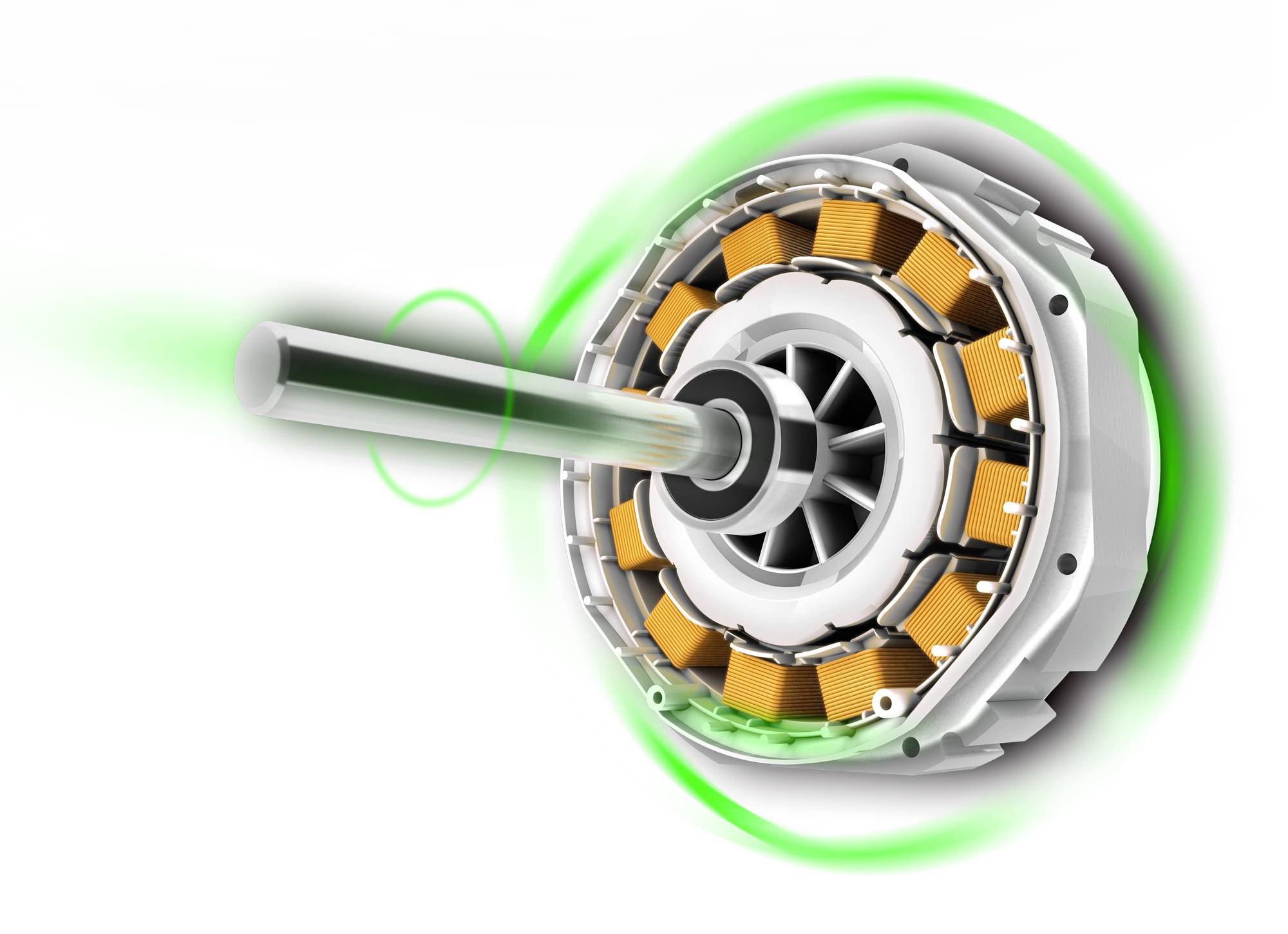 Elektromotor s viditelnými měděnými cívkami a rotorem. Motor je obklopen zeleným světlem, které symbolizuje pohyb nebo tok energie.