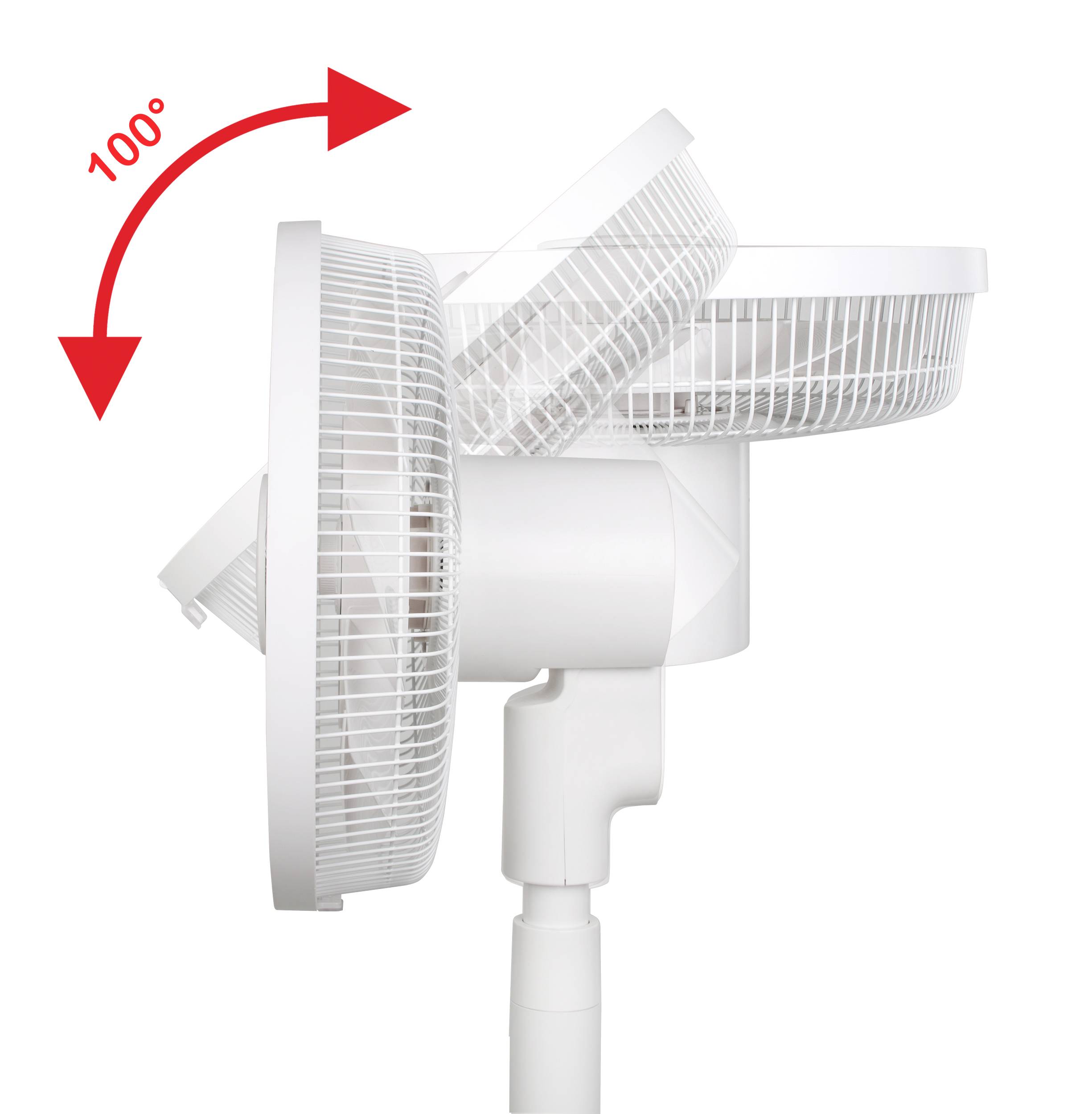 Bílý stojanový ventilátor je nakloněn o 100 stupňů dozadu. Šipka ukazuje směr pohybu.