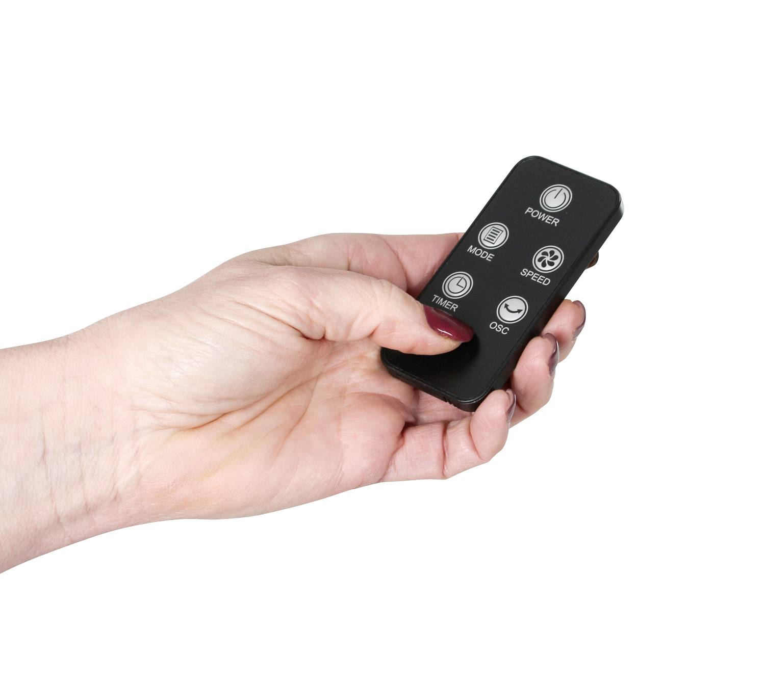 Jedna ruka drží černou dálkový ovladač s pěti tlačítky označenými 'Power', 'Mode', 'Speed', 'Timer' a 'Osc'.